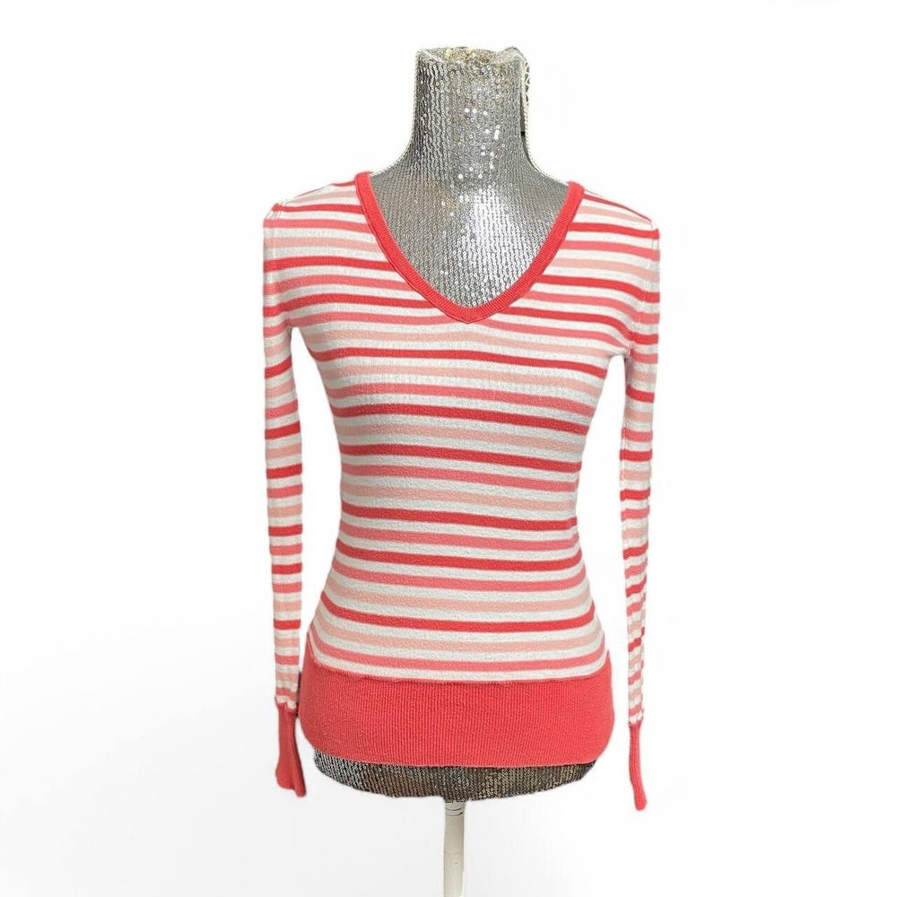 Vintage Y2K Ribbed Stripe Fitted Knit V-Neck‎ Long Sleeve Medium Indie Sleaze